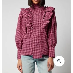 NWT Ganni Seersucker Ruffle Hugh Collar Blouse in Carmine Rose, size 4/36